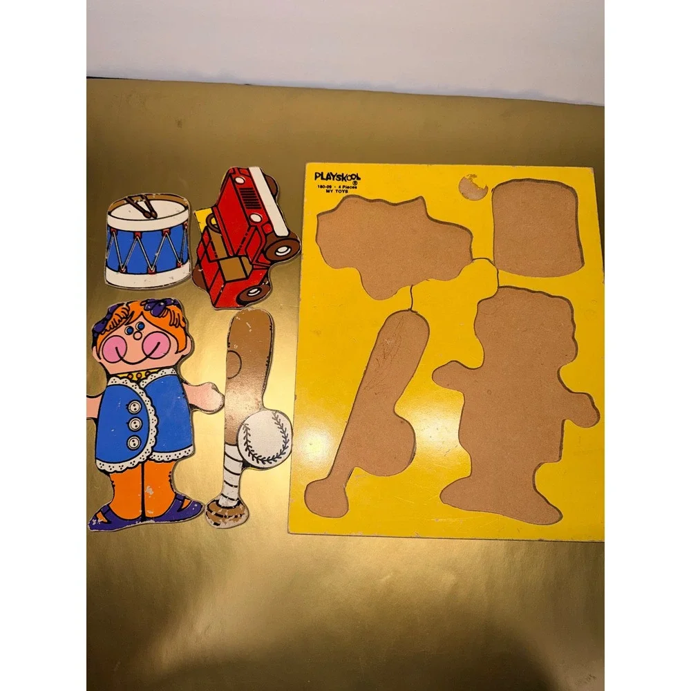 Vintage Playskool Wooden Inlay Puzzle 180-09 My Toys 4 Pieces Jeep Drum Baseball